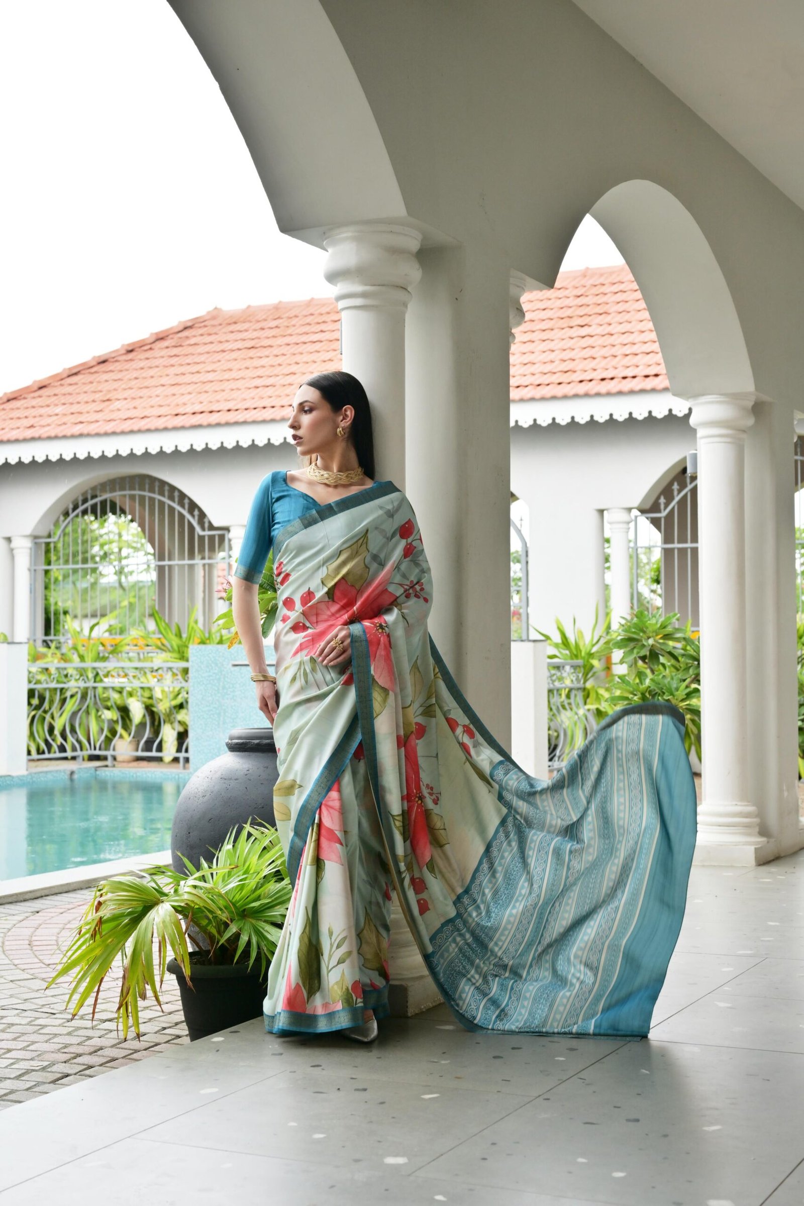 Graceful Satin Silk Saree with Hand-Painted Floral Pattern - Image 7