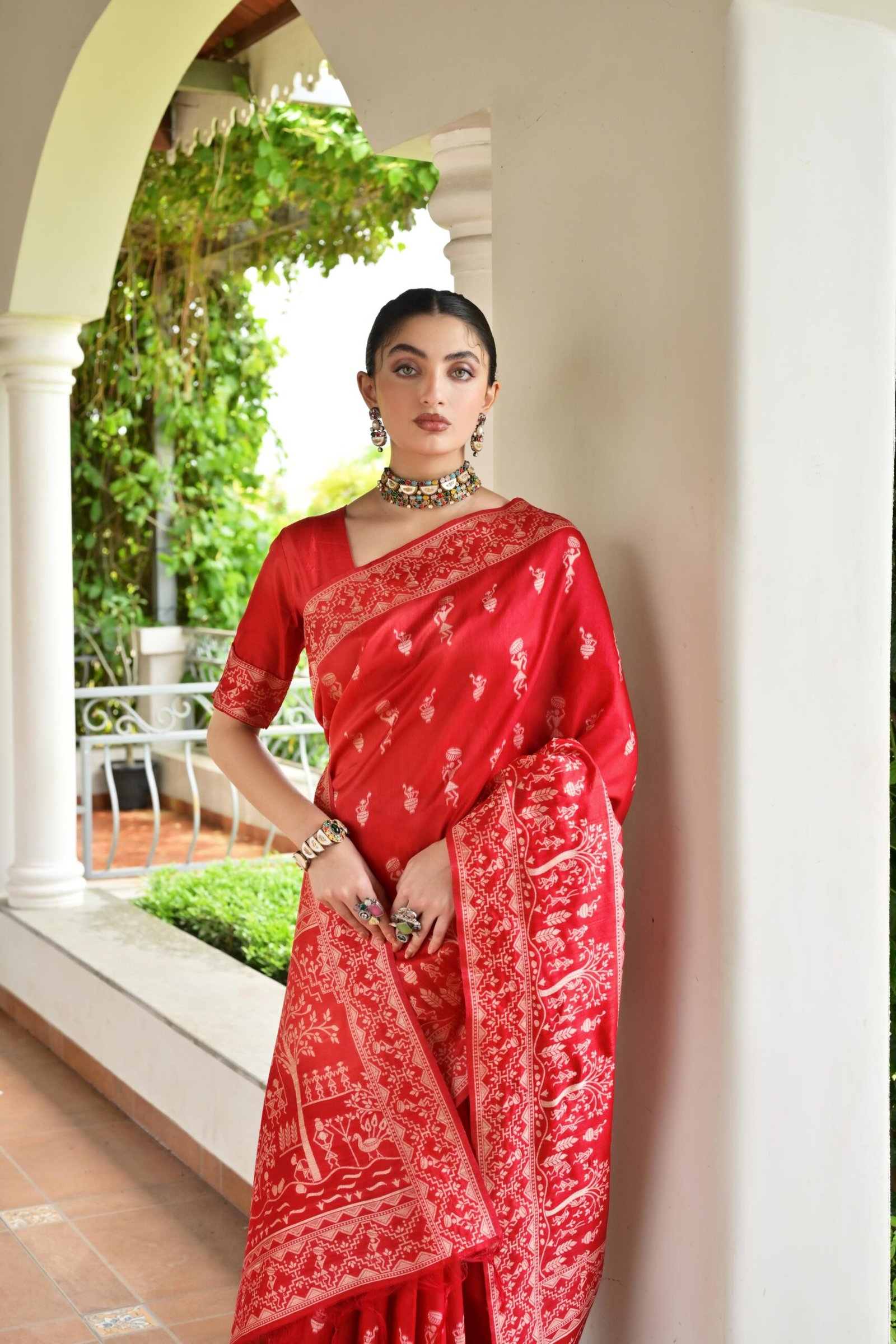 Distinctive Banglori Handloom Raw Silk Saree with Warli Weaving - Image 6