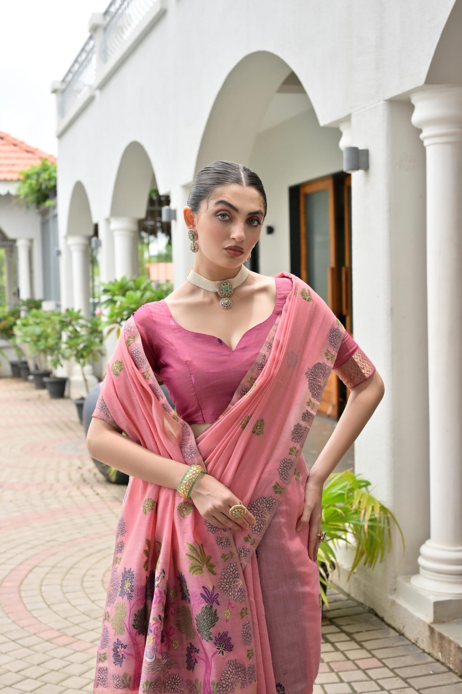 Floral Chanderi Cotton Saree with Resham Flower Pallu
