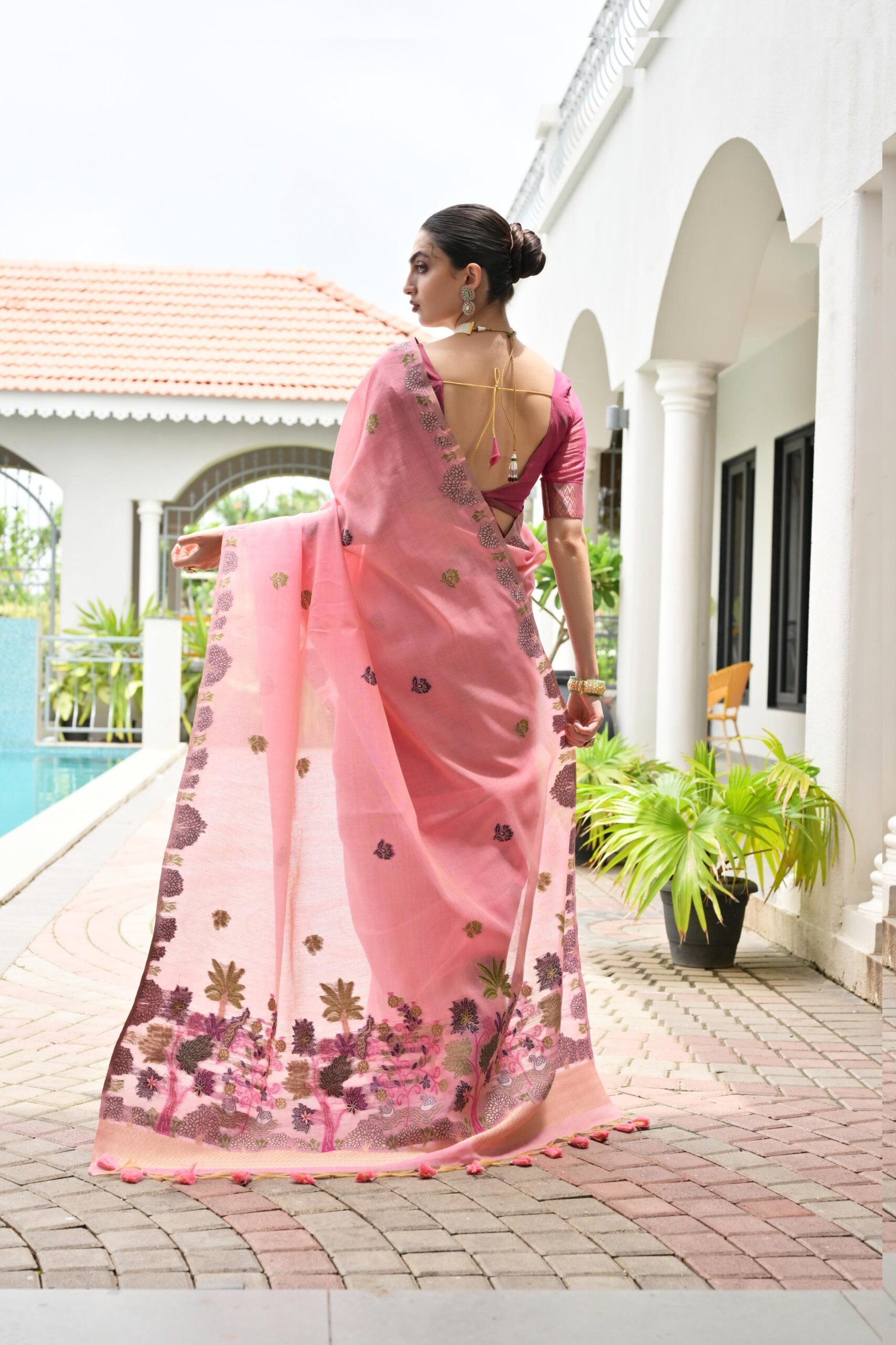 Floral Chanderi Cotton Saree with Resham Flower Pallu - Image 2