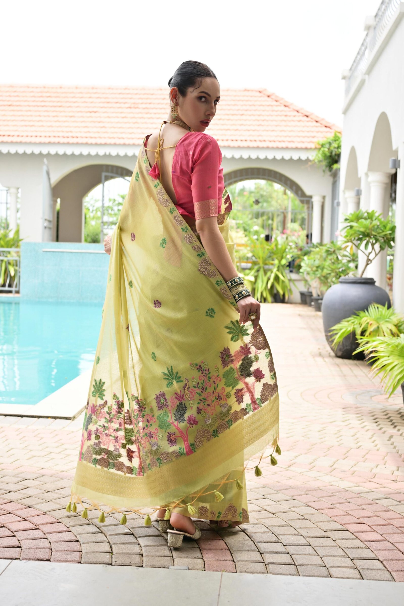 Floral Chanderi Cotton Saree with Resham Flower Pallu - Image 3