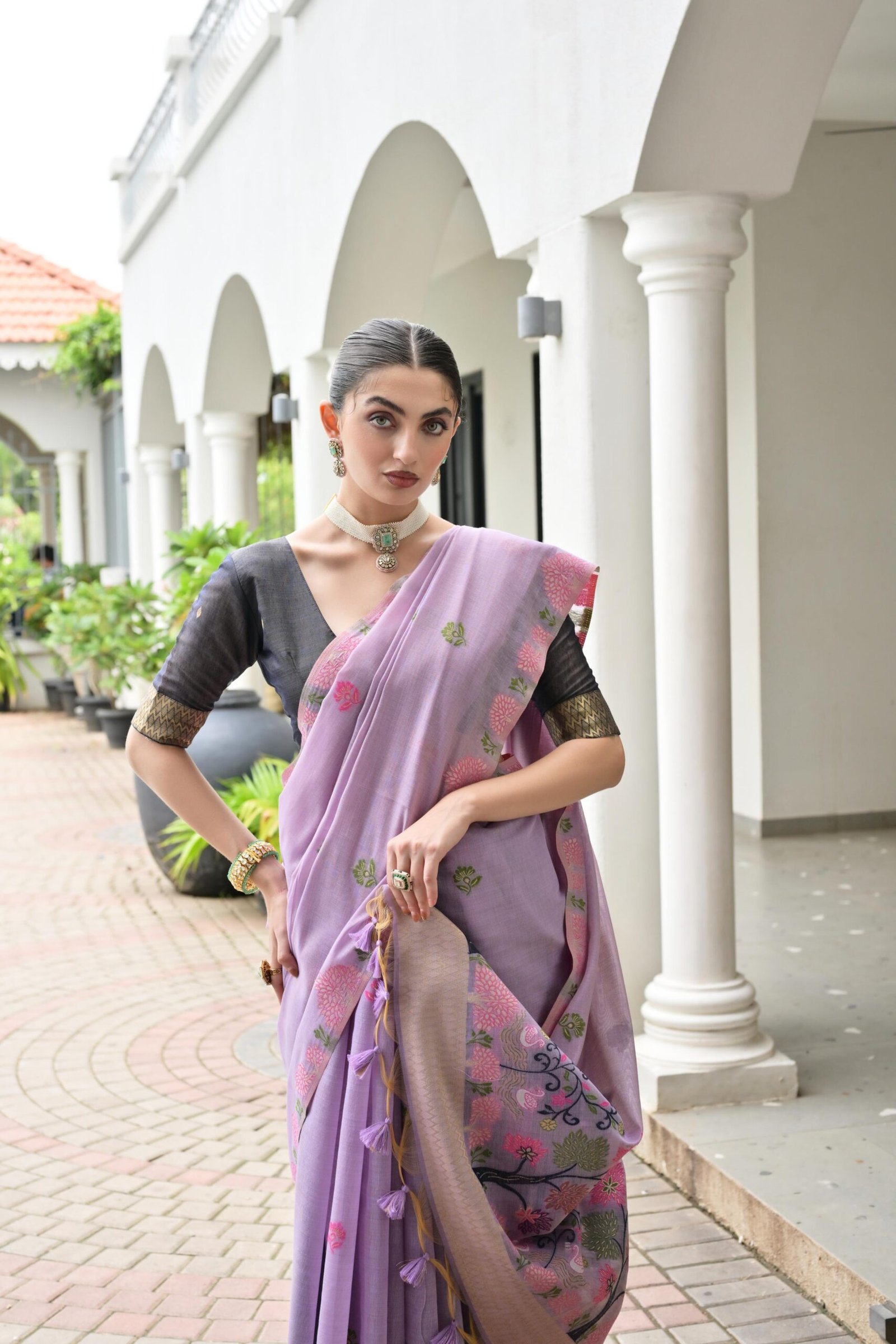 Floral Chanderi Cotton Saree with Resham Flower Pallu - Image 4