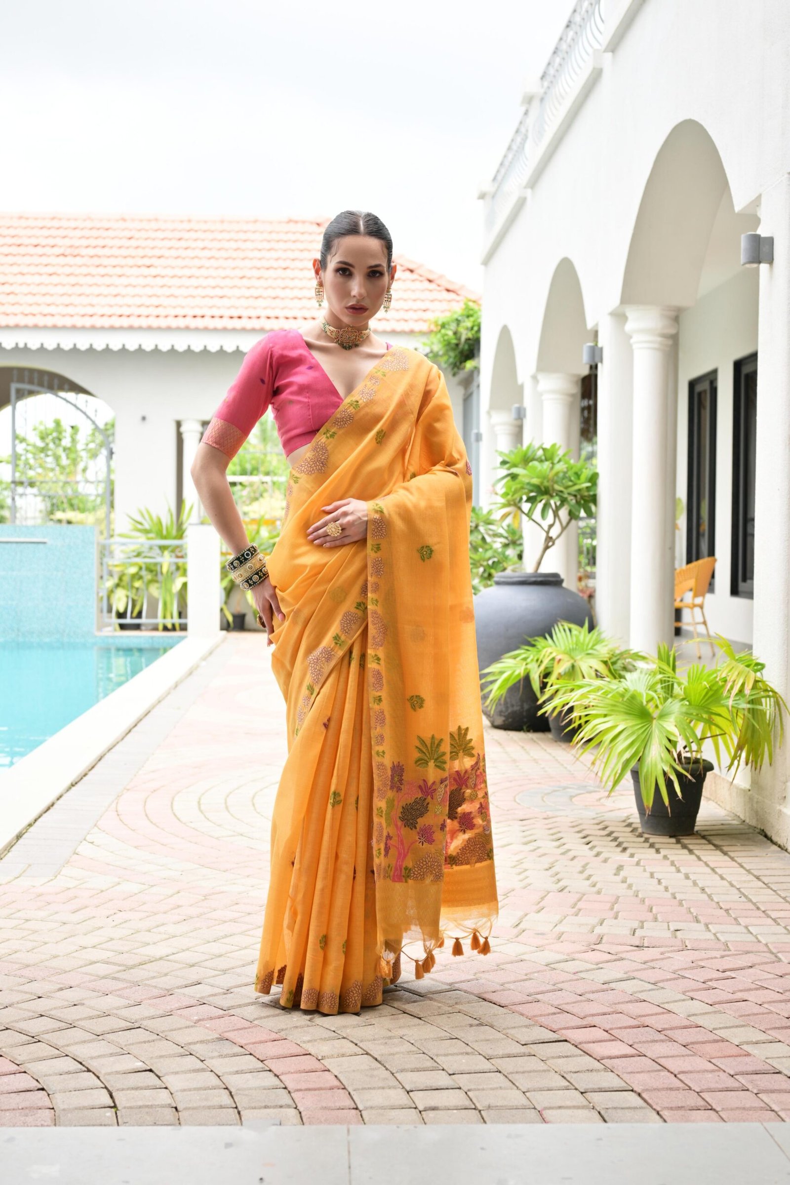 Floral Chanderi Cotton Saree with Resham Flower Pallu - Image 5