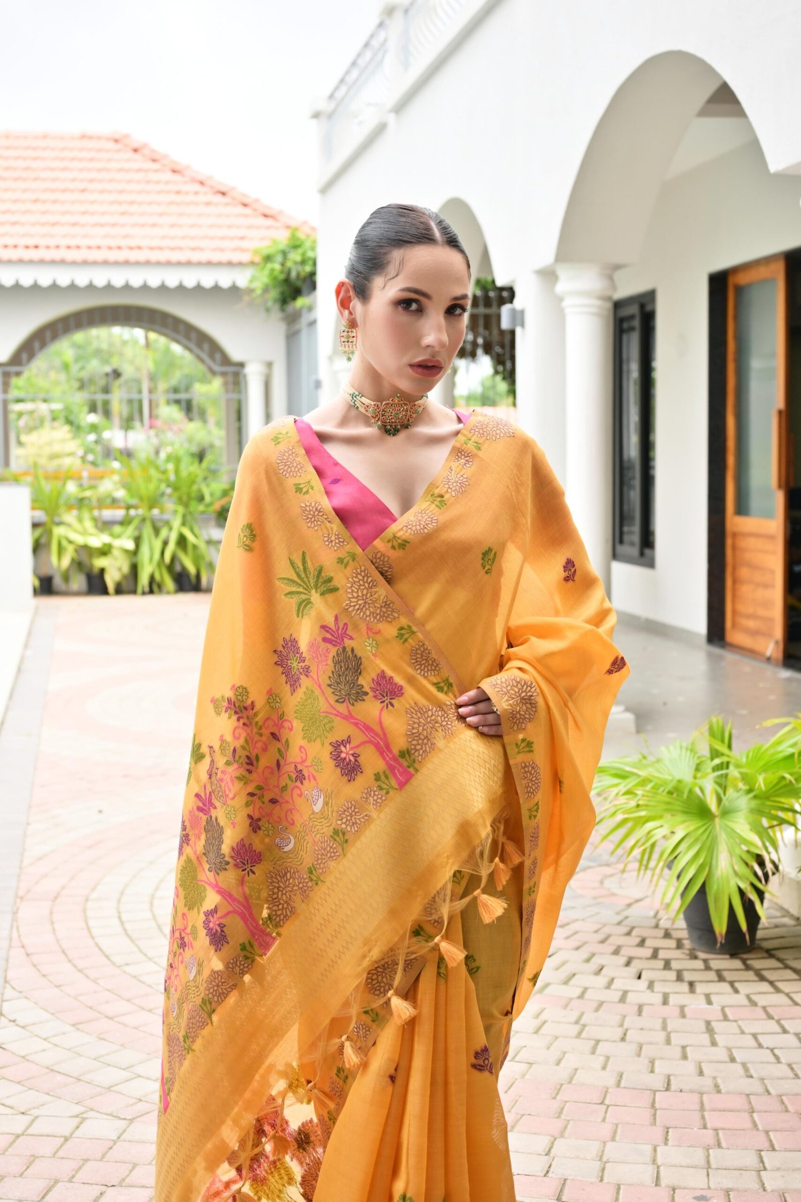 Floral Chanderi Cotton Saree with Resham Flower Pallu - Image 6
