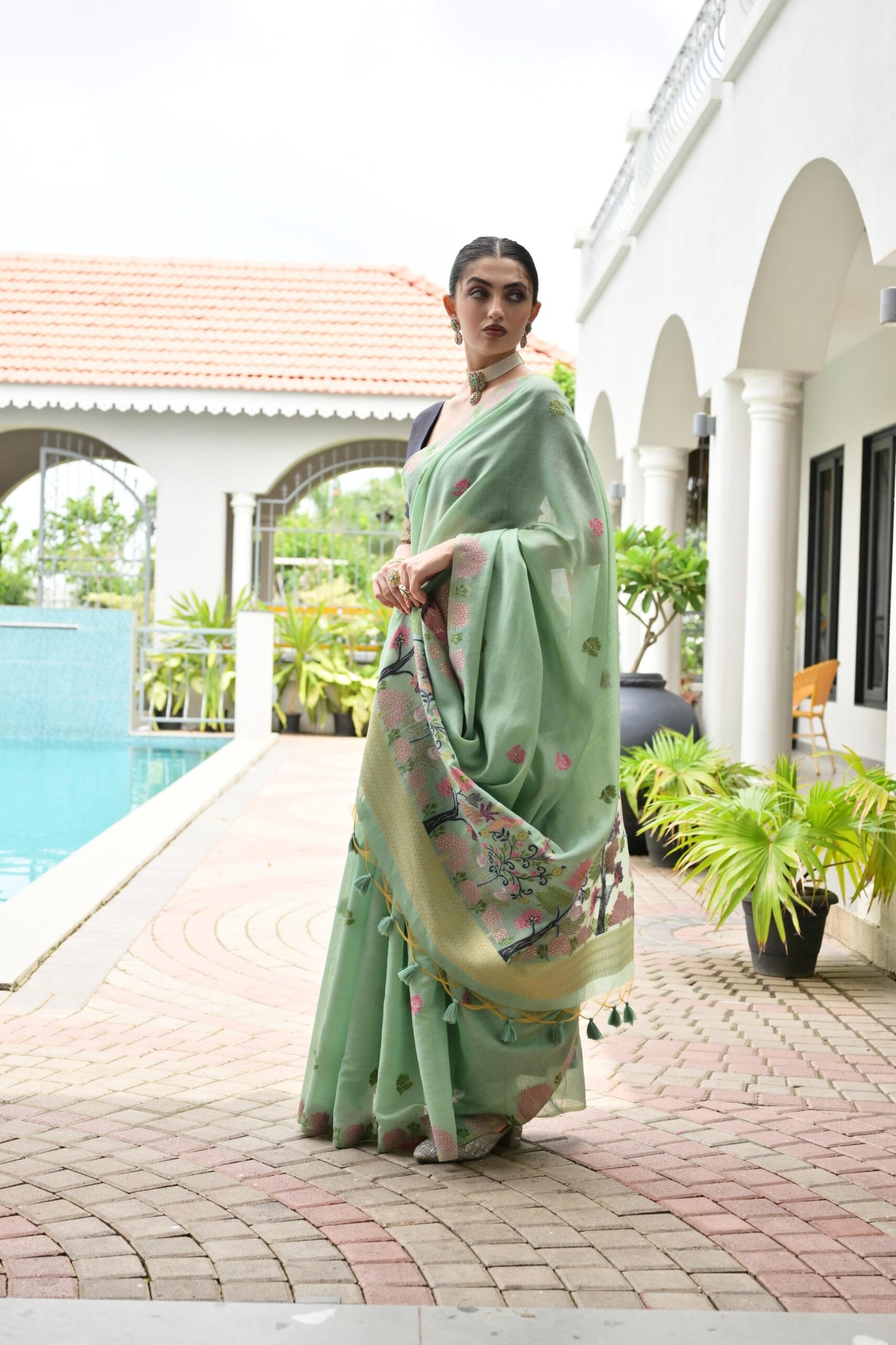 Floral Chanderi Cotton Saree with Resham Flower Pallu - Image 7