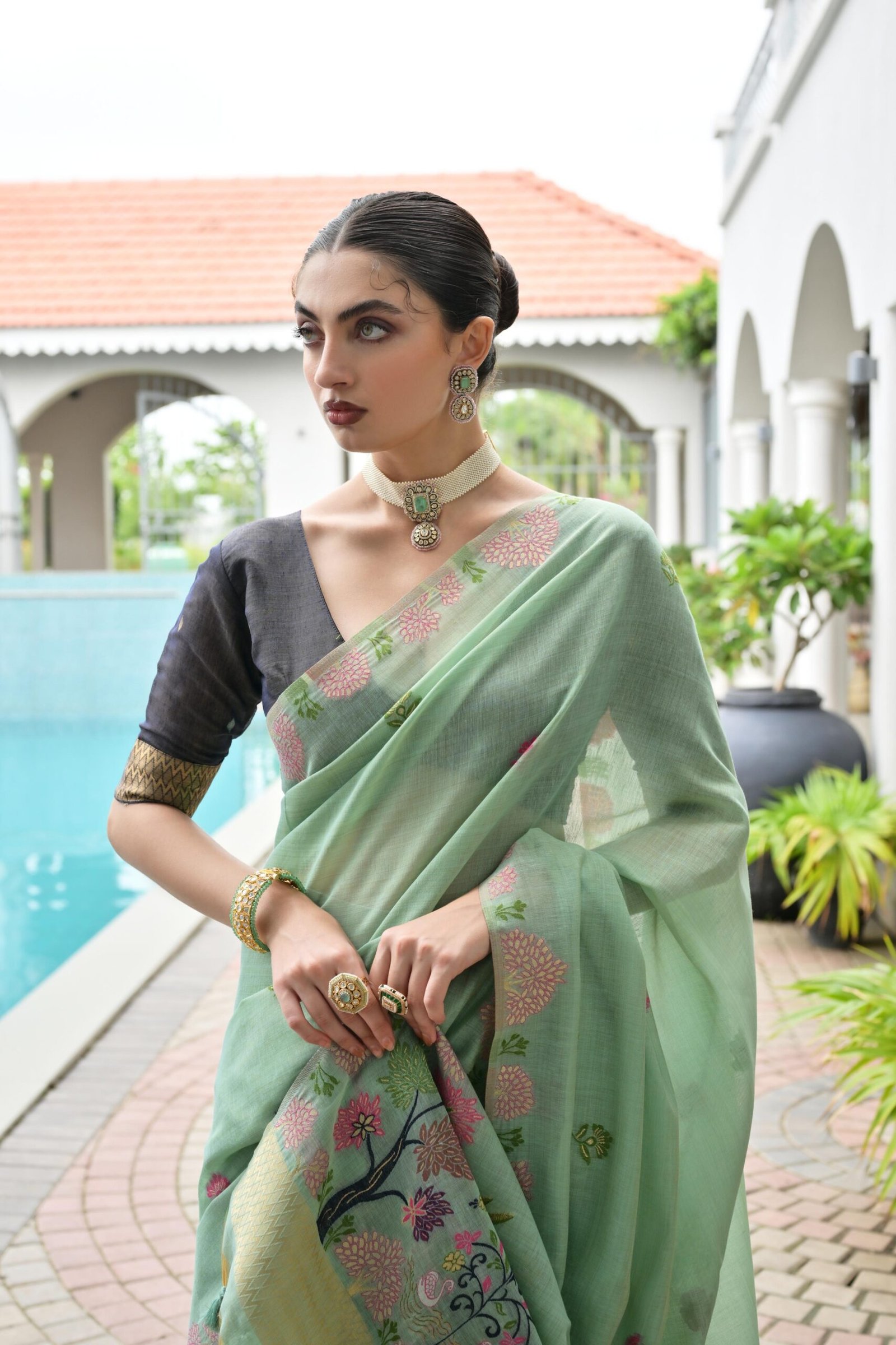 Floral Chanderi Cotton Saree with Resham Flower Pallu - Image 8