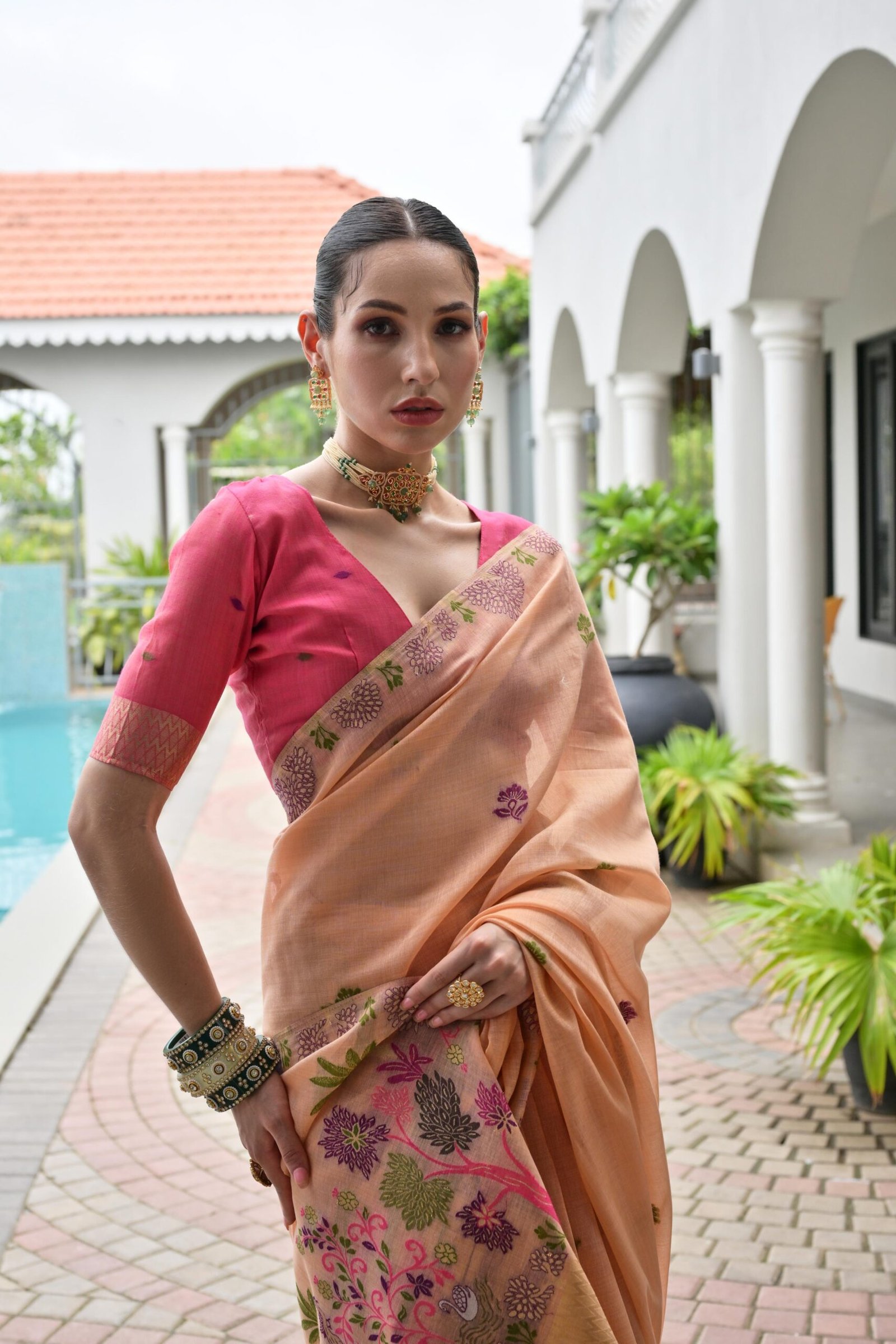 Floral Chanderi Cotton Saree with Resham Flower Pallu - Image 9