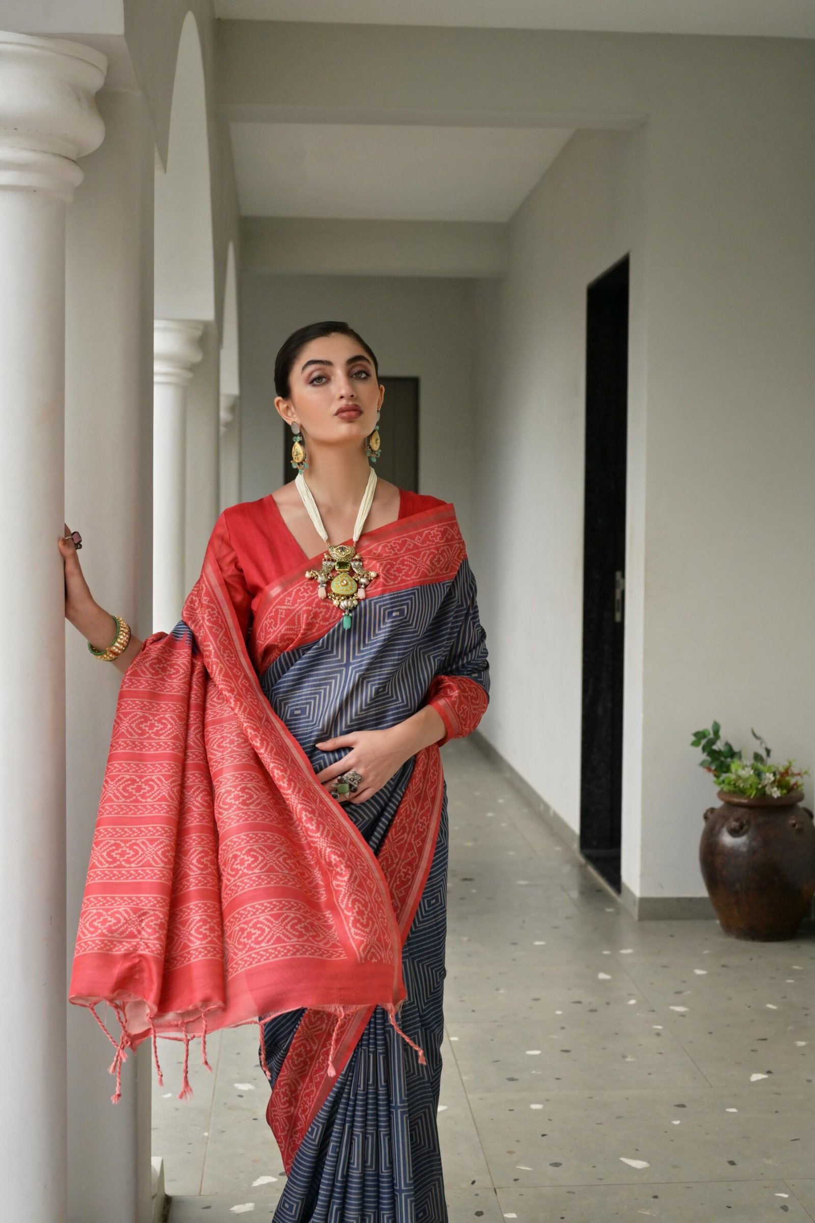 Artistic Desi Tussar Silk Saree with Ikkat Painted Pattern - Image 2