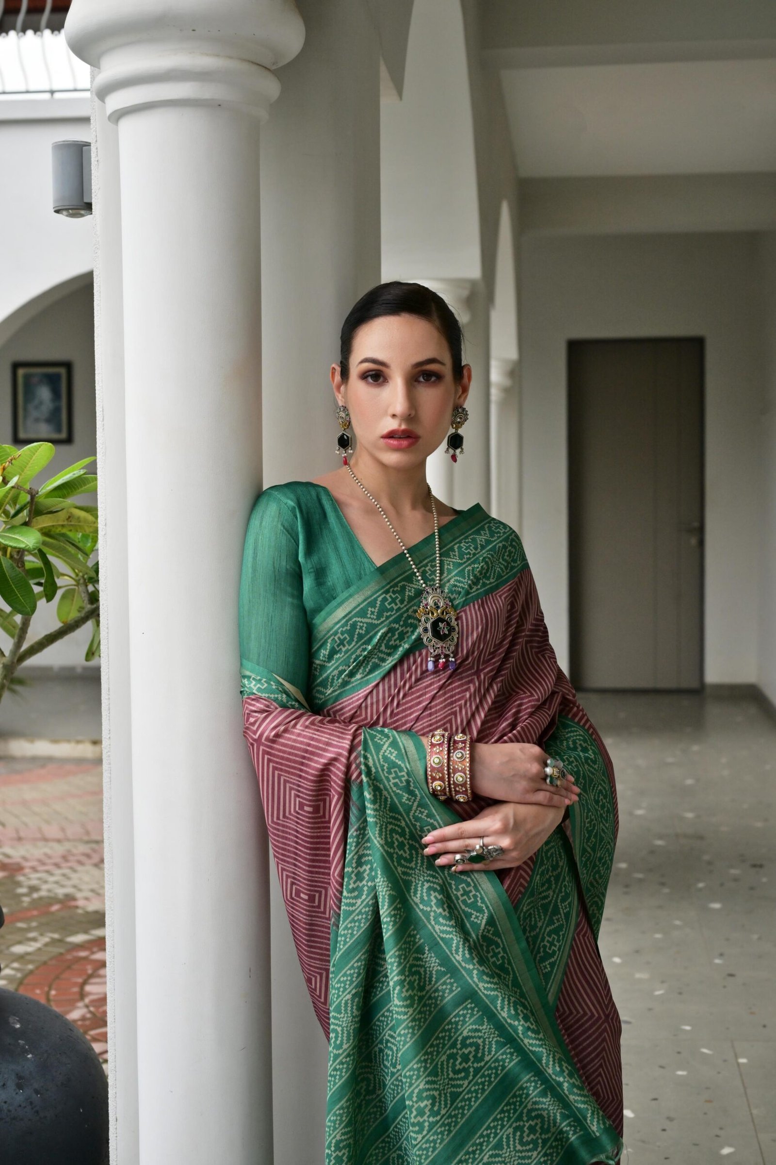 Artistic Desi Tussar Silk Saree with Ikkat Painted Pattern - Image 3