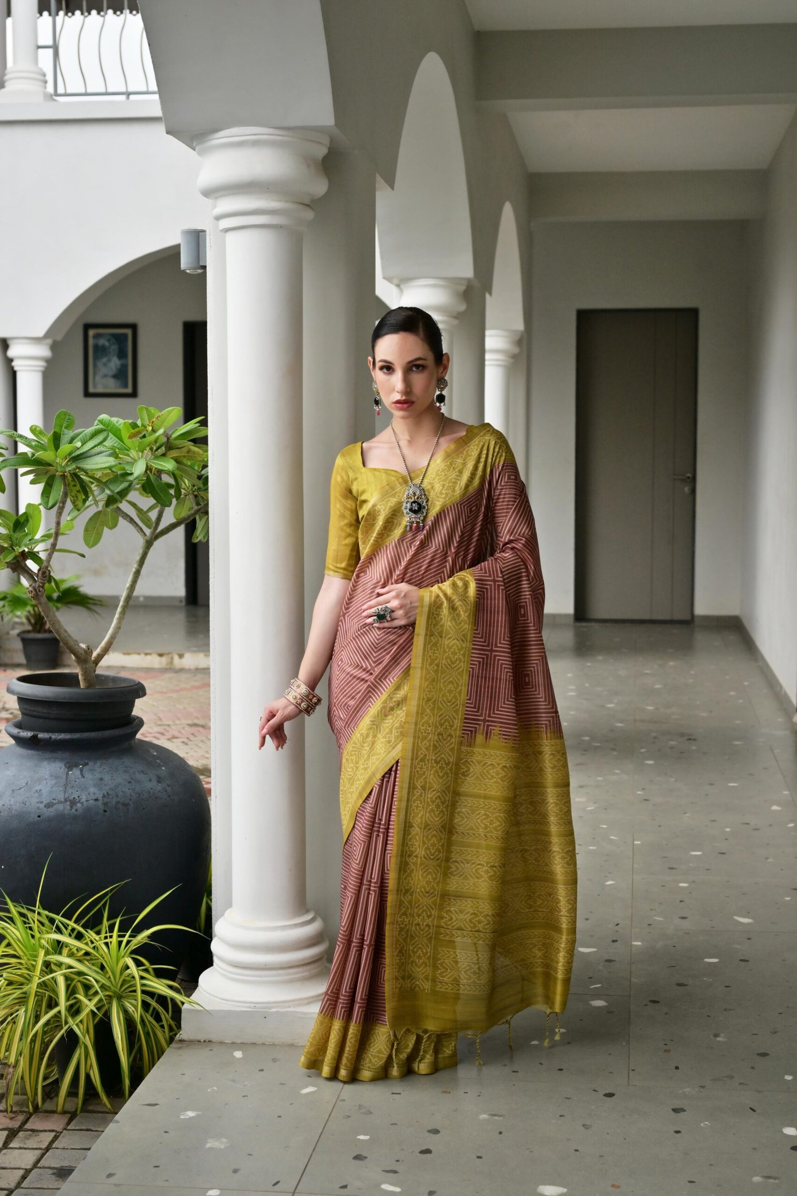 Artistic Desi Tussar Silk Saree with Ikkat Painted Pattern - Image 4