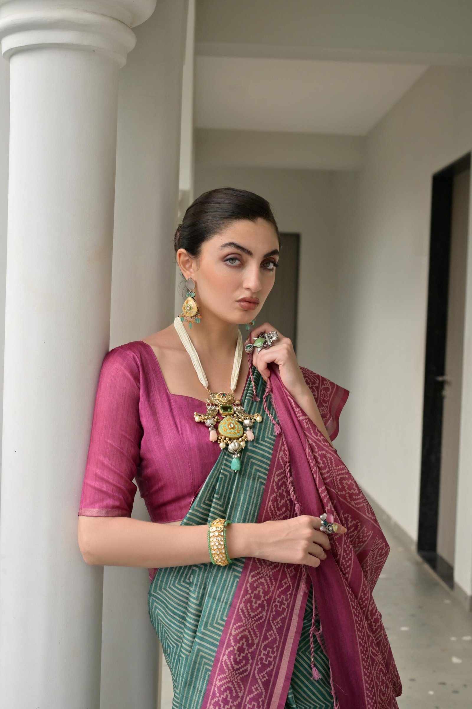 Artistic Desi Tussar Silk Saree with Ikkat Painted Pattern