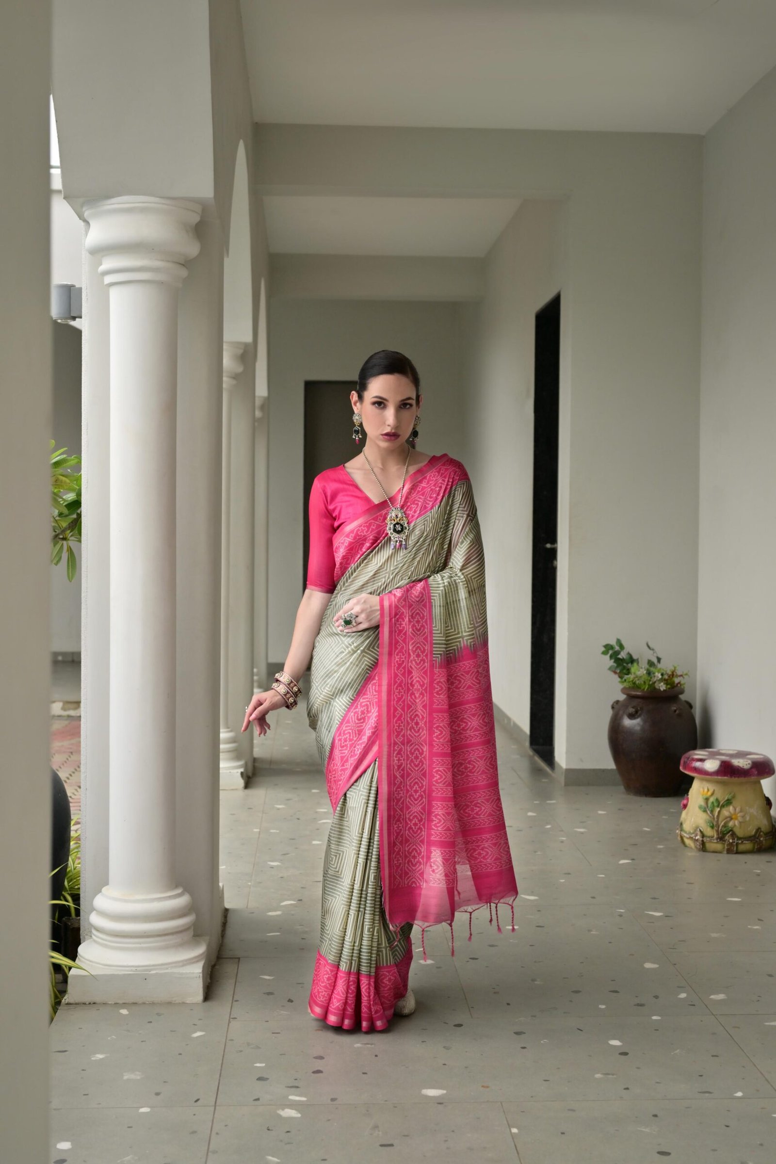 Artistic Desi Tussar Silk Saree with Ikkat Painted Pattern - Image 5