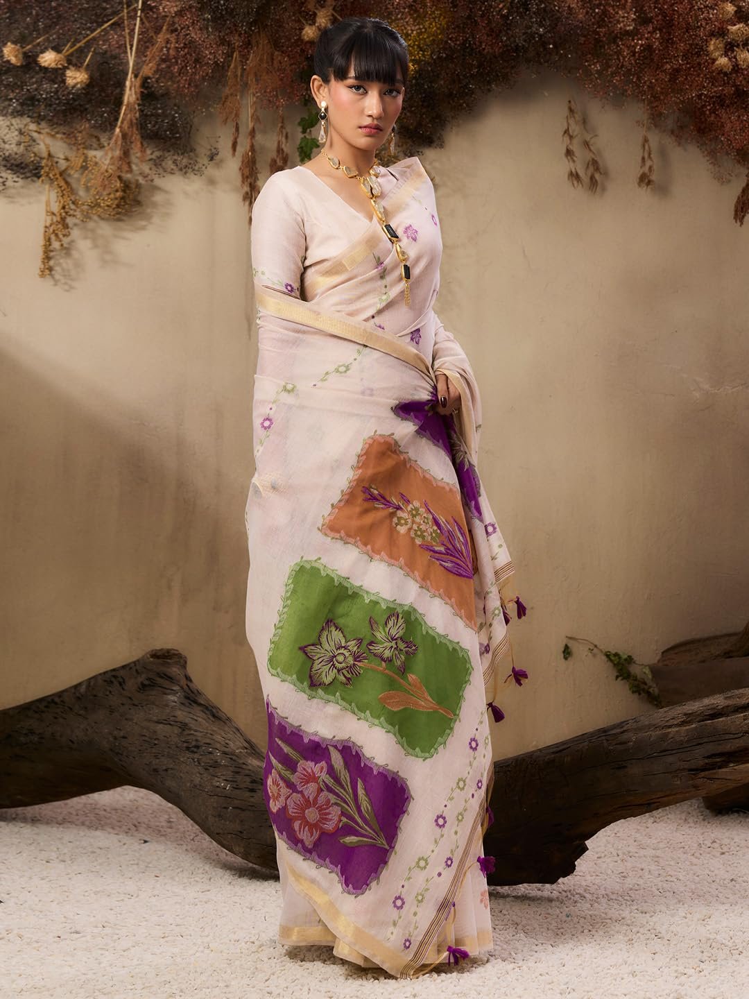 Charming Muga Cotton Saree with Colourful Resham Floral Pallu - Image 12
