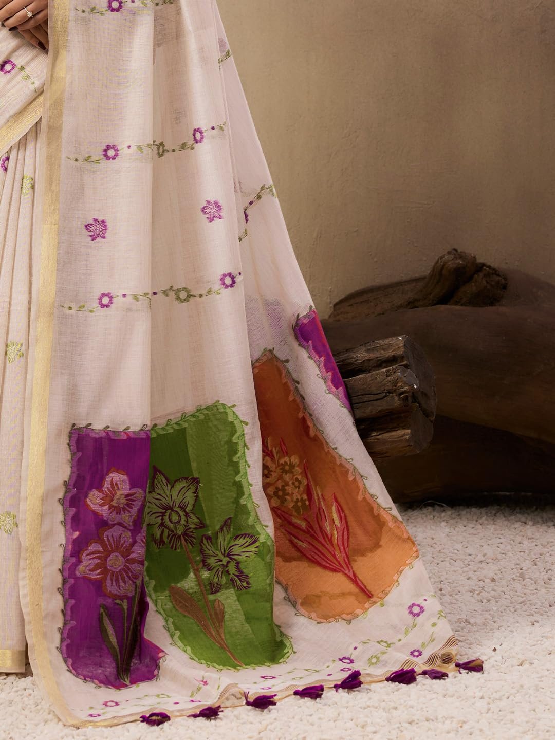 Charming Muga Cotton Saree with Colourful Resham Floral Pallu - Image 8