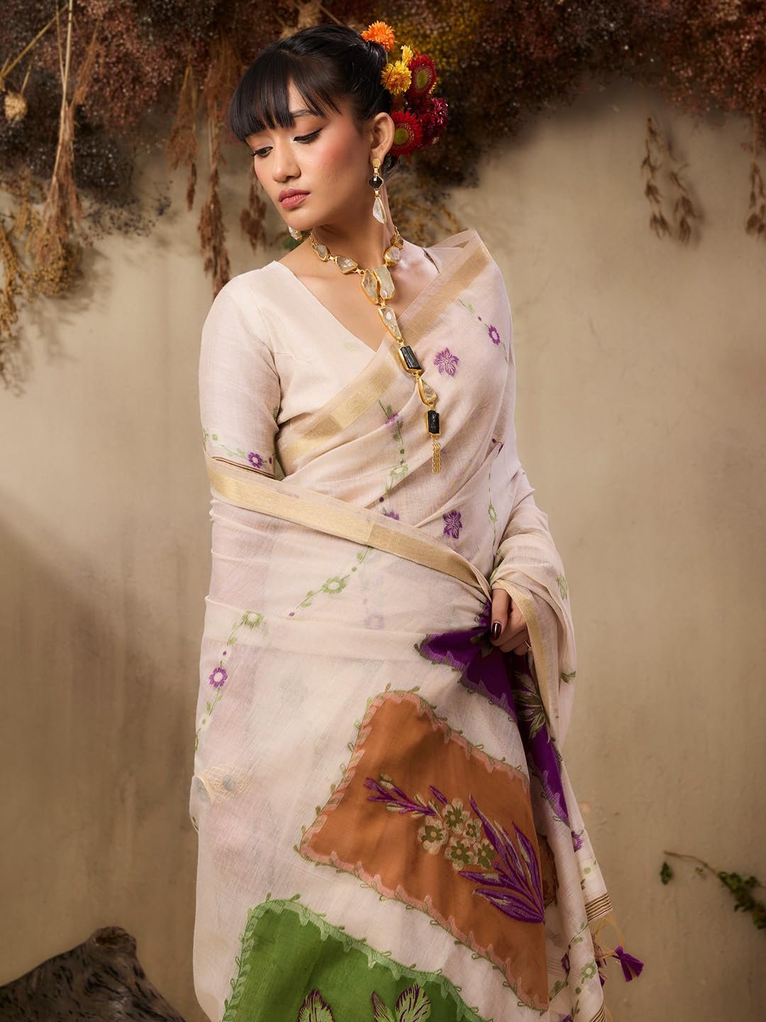 Charming Muga Cotton Saree with Colourful Resham Floral Pallu