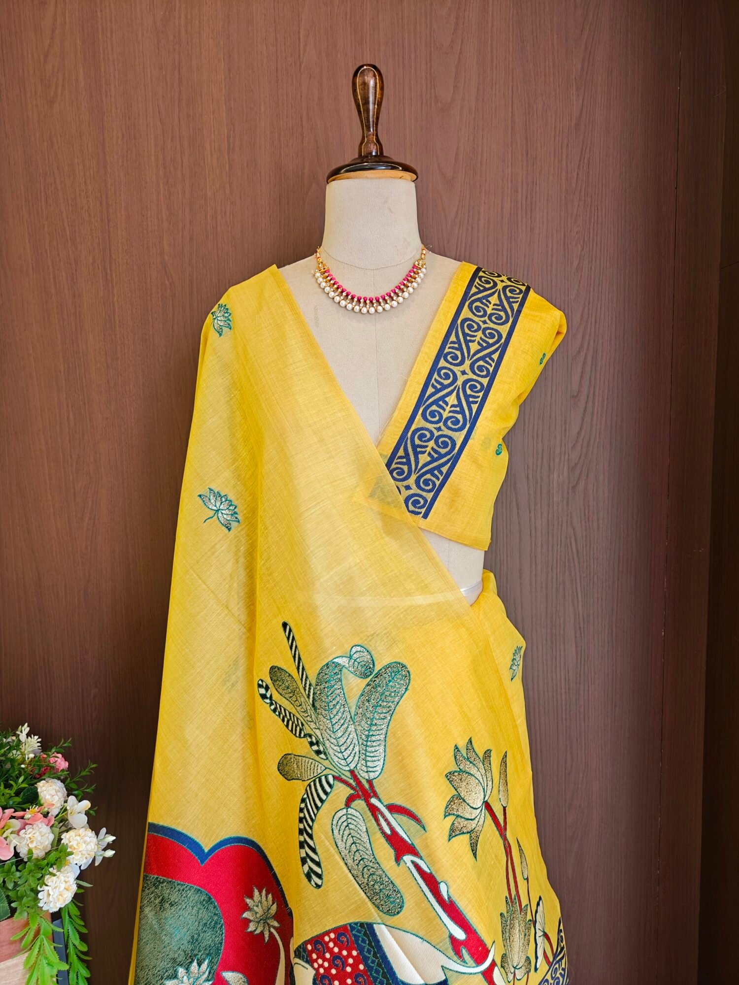 Royal Muga Cotton Saree with Rajwadi Lotus & Elephant Pallu