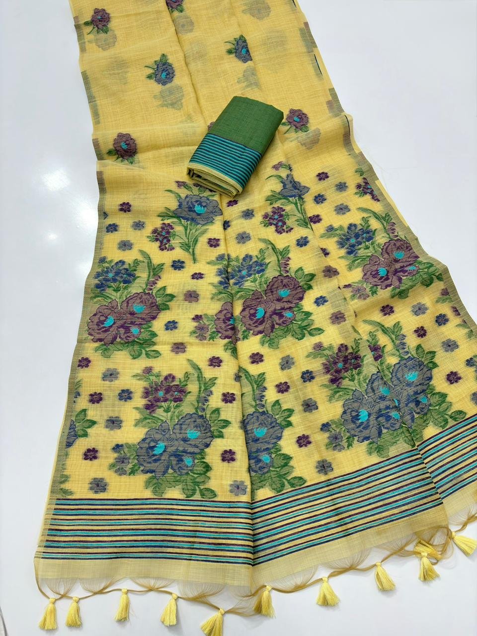 Artistic Muga Cotton Saree with Meena Floral Jamdani Pallu - Image 4