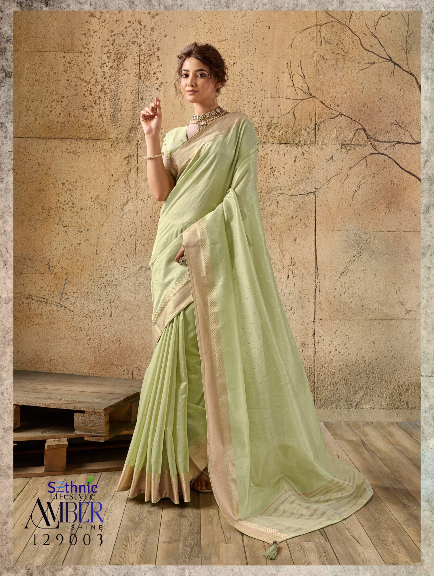Elegant Tissue Linen Saree with Fine Zari Motifs & Graceful Chit Pallu - Image 7