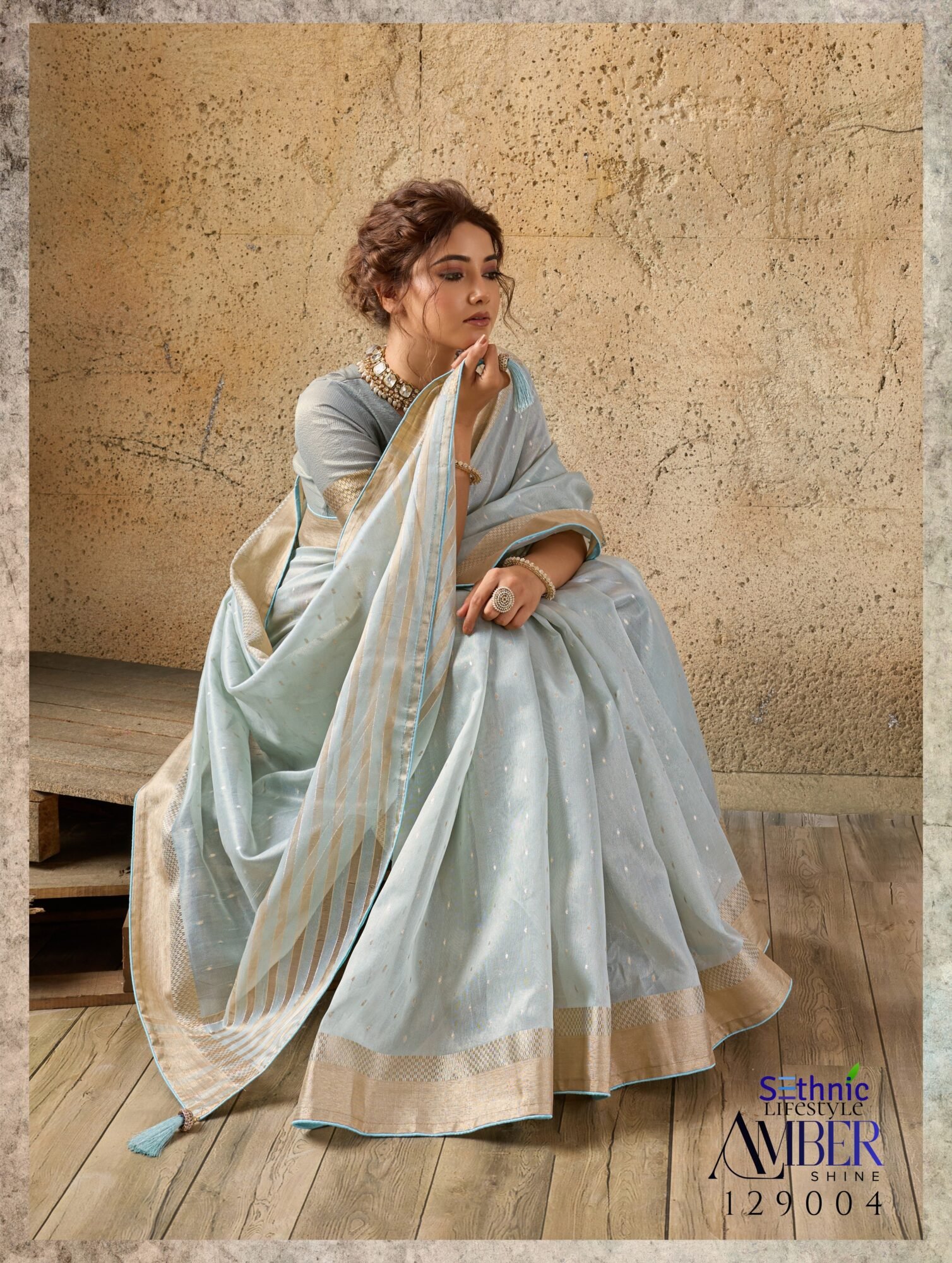 Elegant Tissue Linen Saree with Fine Zari Motifs & Graceful Chit Pallu - Image 8
