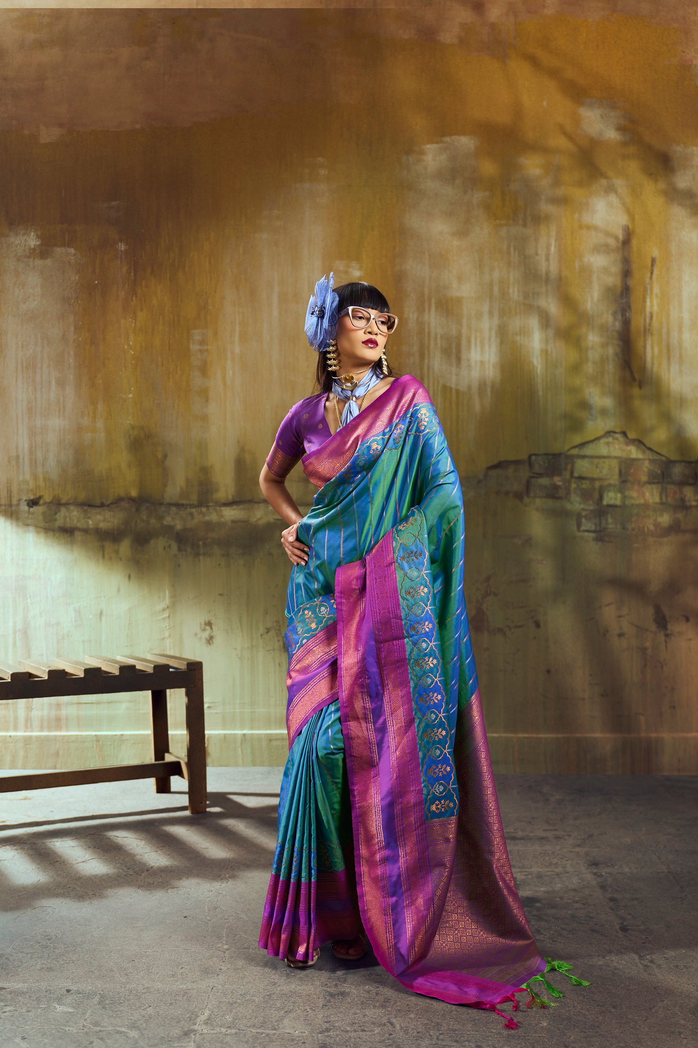 Pure Silk blend Pochampally Handloom Saree with Contrast Border & Zari Detailing - Image 7