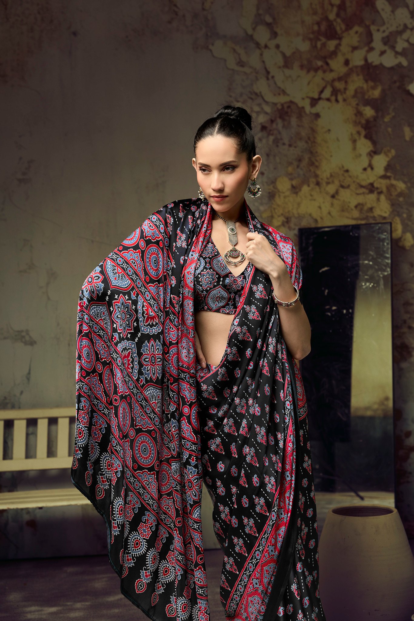 Modal Satin Ajrakh Print Saree with Coordinated Printed Blouse - Image 2