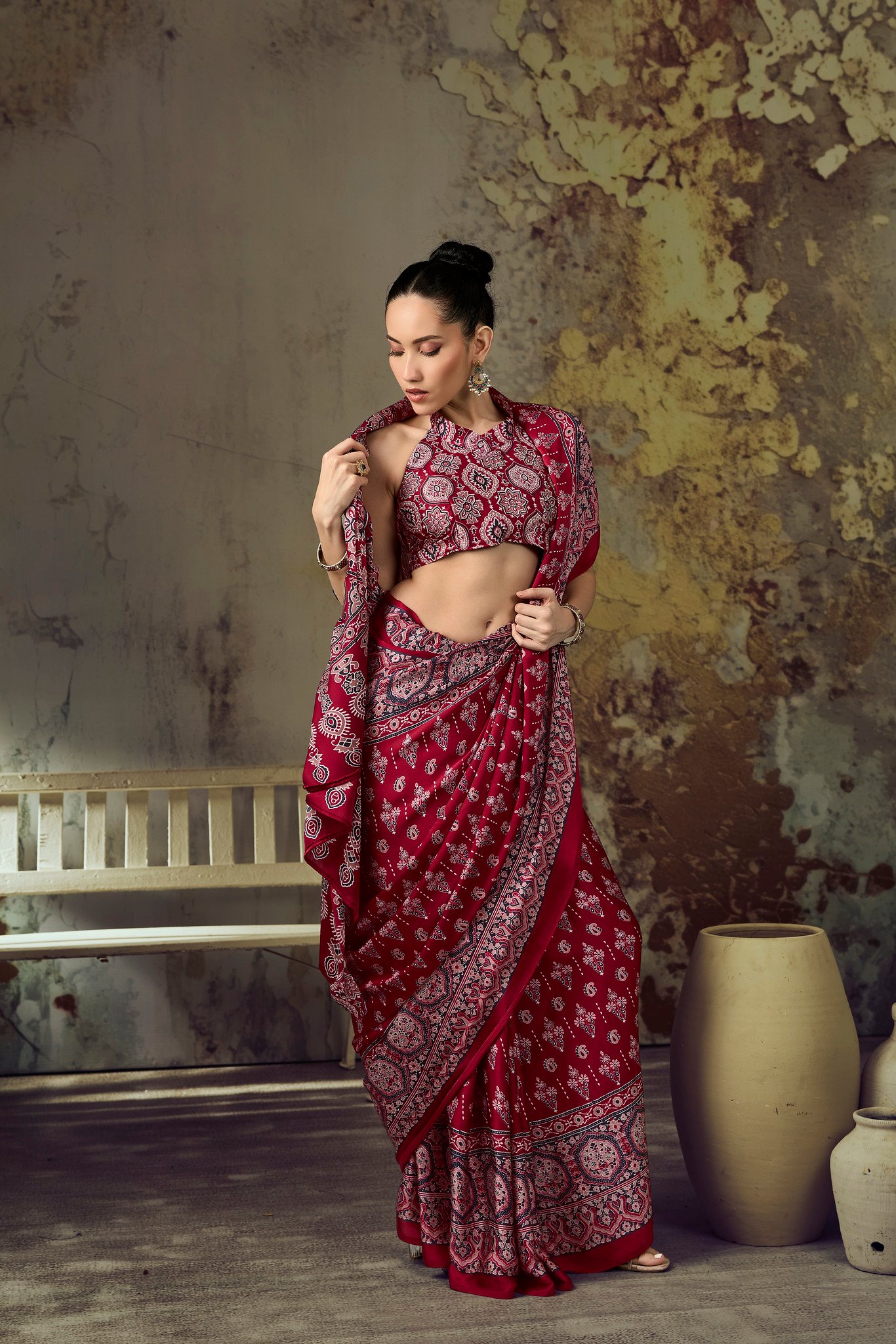 Modal Satin Ajrakh Print Saree with Coordinated Printed Blouse - Image 3