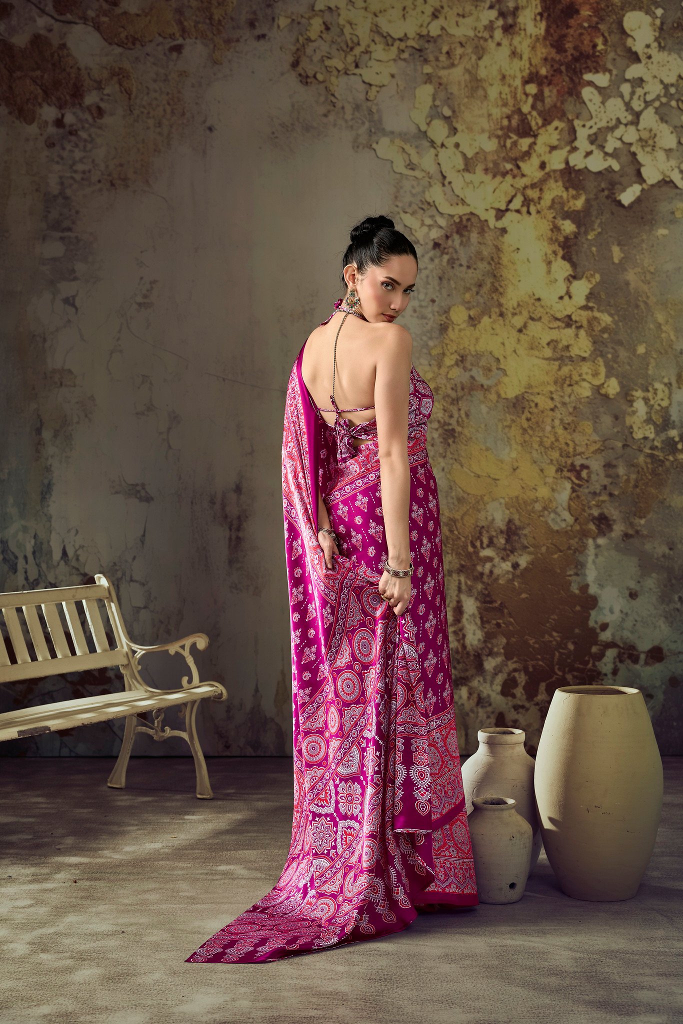 Modal Satin Ajrakh Print Saree with Coordinated Printed Blouse - Image 4