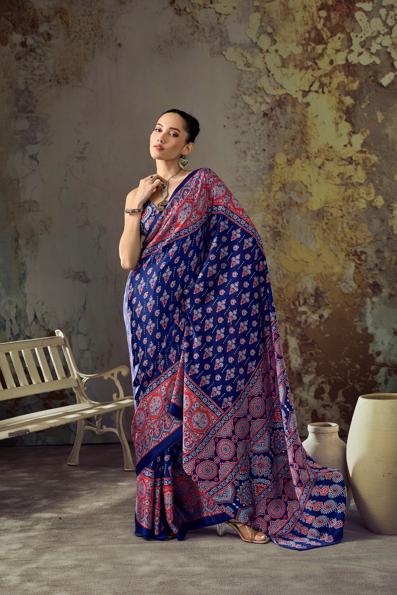 Modal Satin Ajrakh Print Saree with Coordinated Printed Blouse - Image 5