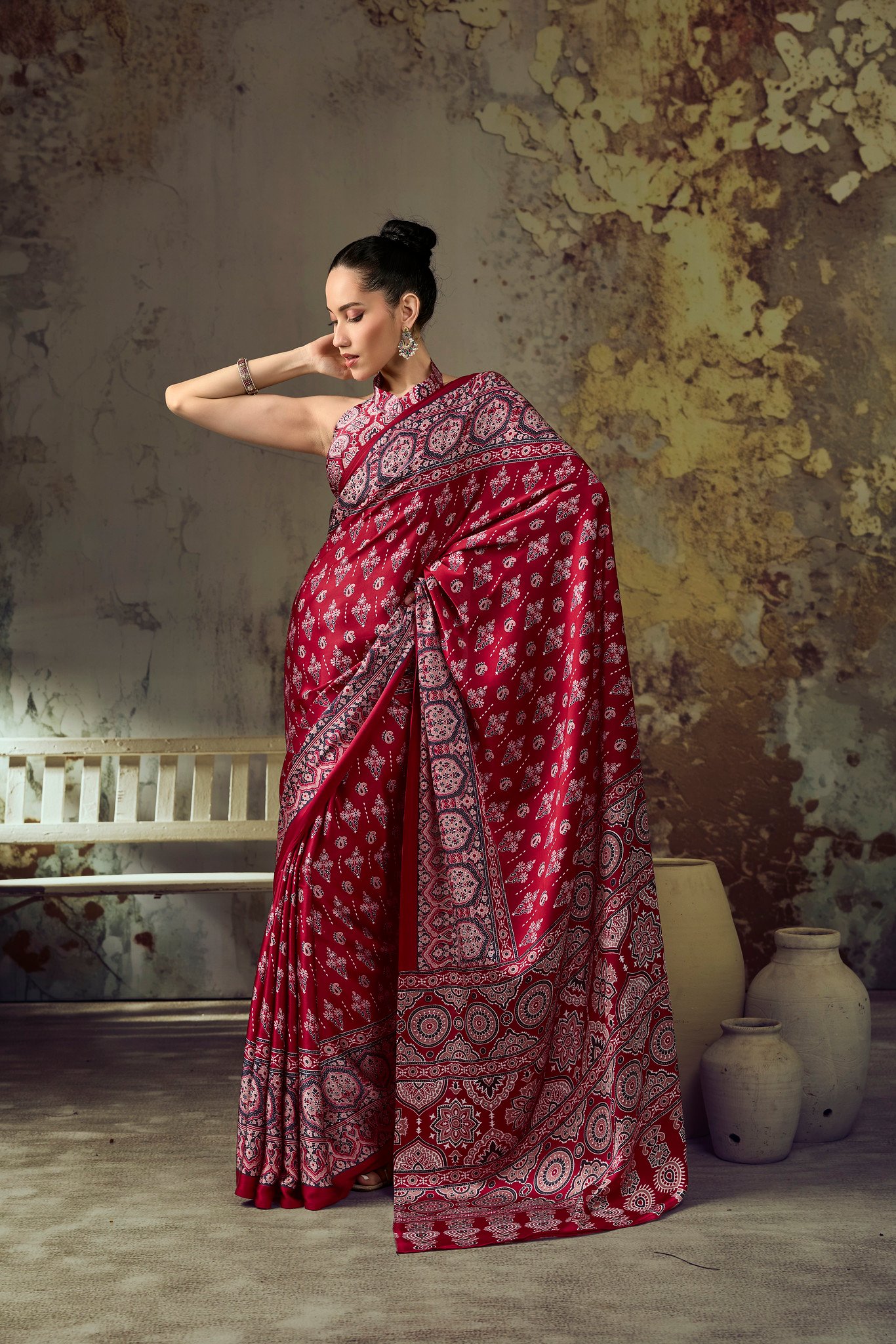Modal Satin Ajrakh Print Saree with Coordinated Printed Blouse - Image 6