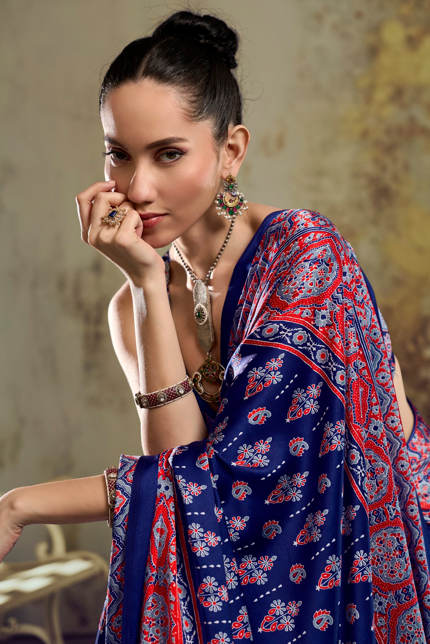Modal Satin Ajrakh Print Saree with Coordinated Printed Blouse