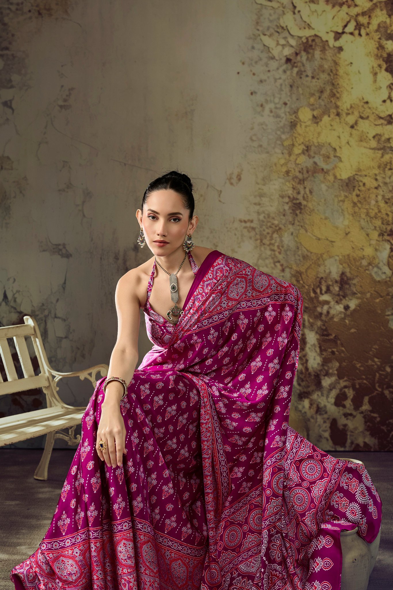 Modal Satin Ajrakh Print Saree with Coordinated Printed Blouse - Image 7