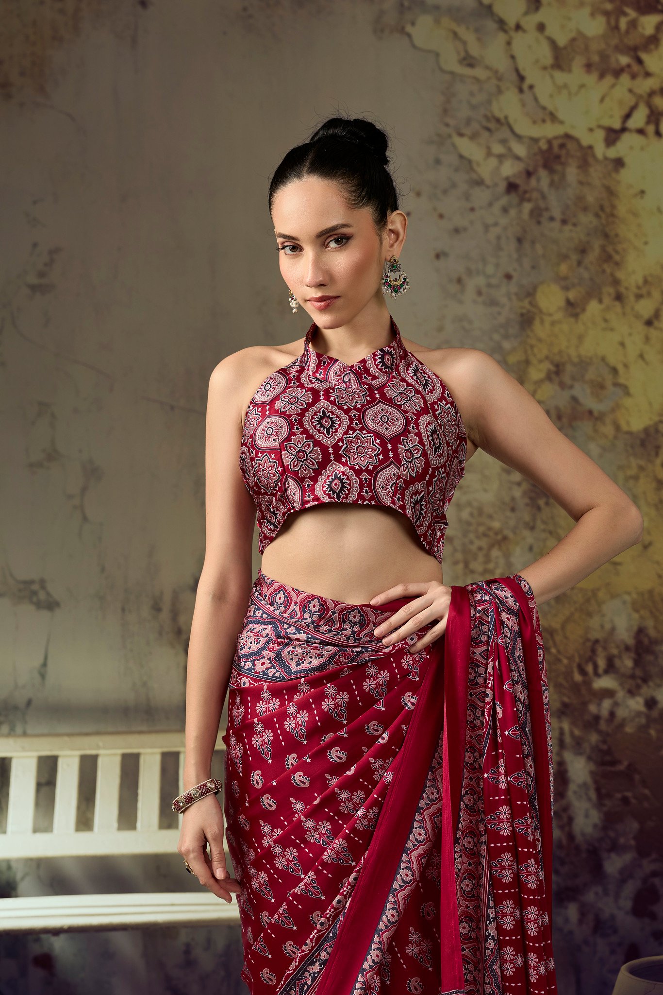 Modal Satin Ajrakh Print Saree with Coordinated Printed Blouse - Image 8