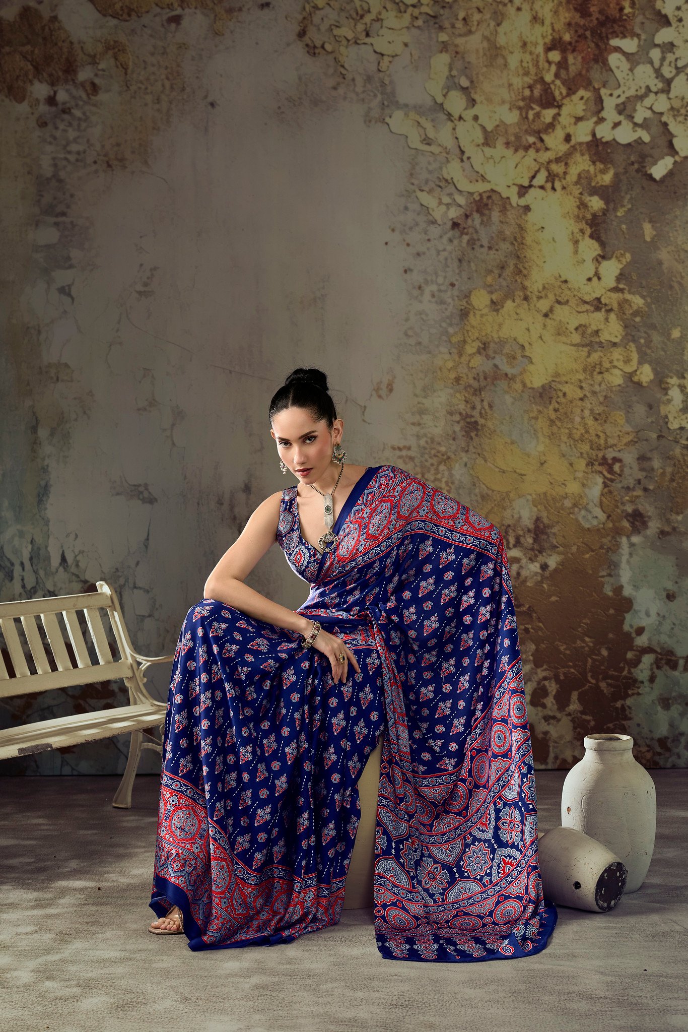 Modal Satin Ajrakh Print Saree with Coordinated Printed Blouse - Image 9