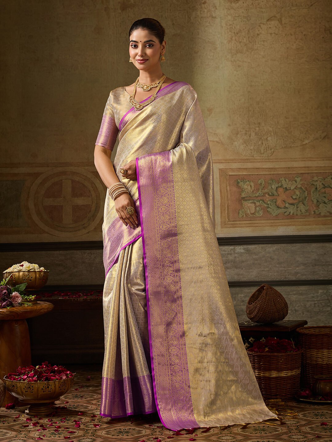 Elegant Kanchivaram Silk blend Saree with Intricate Golden Weaving & Elegant Borders - Image 3