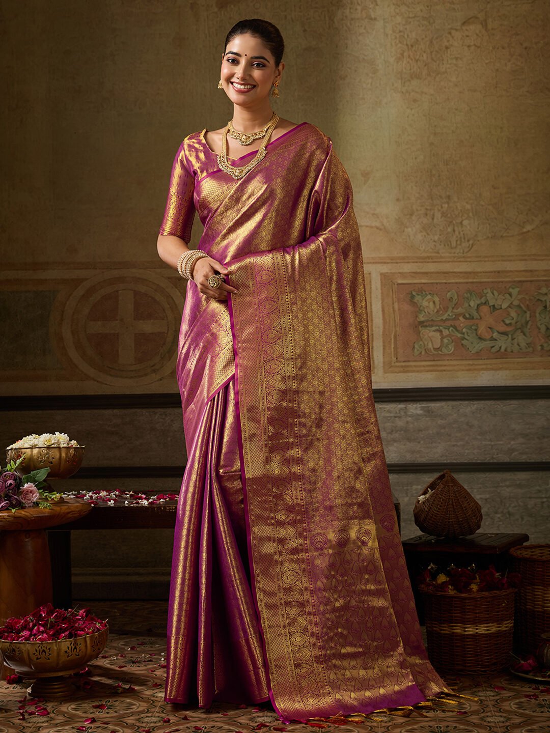 Elegant Kanchivaram Silk blend Saree with Intricate Golden Weaving & Elegant Borders - Image 5