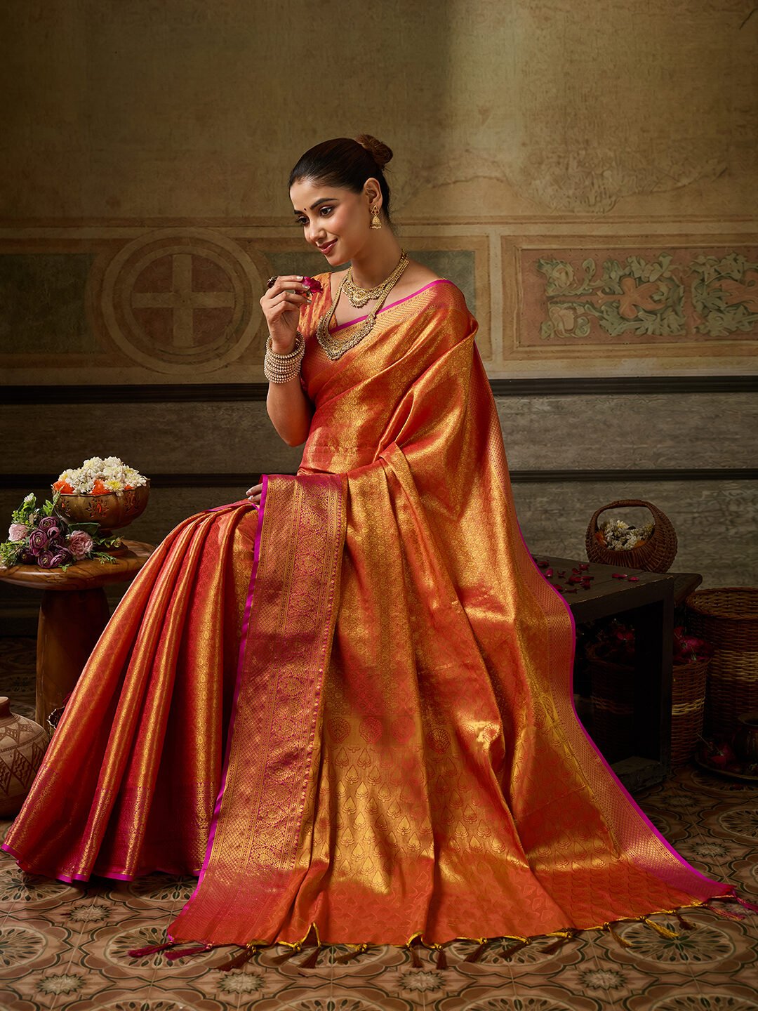 Elegant Kanchivaram Silk blend Saree with Intricate Golden Weaving & Elegant Borders - Image 7