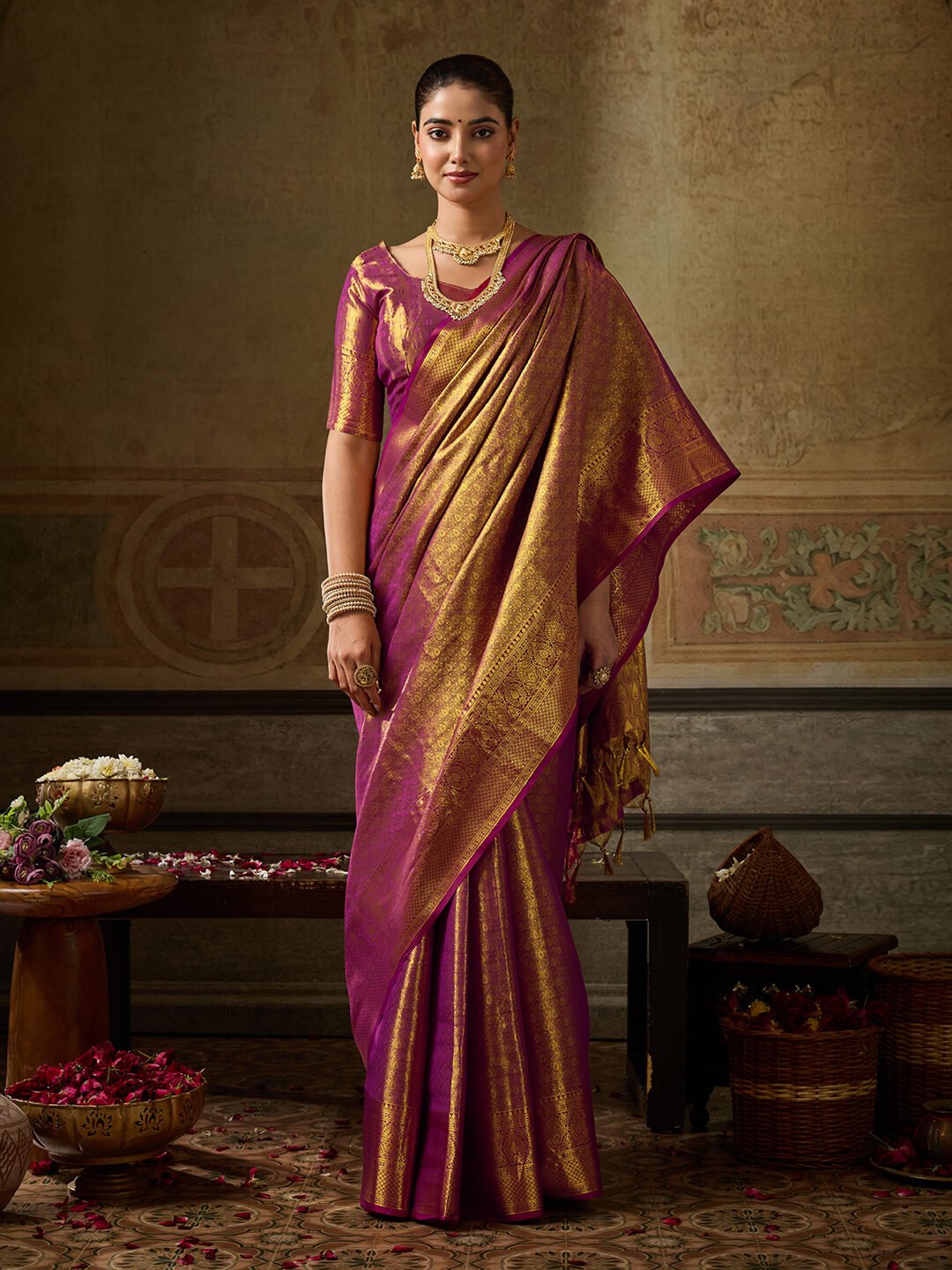 Elegant Kanchivaram Silk blend Saree with Intricate Golden Weaving & Elegant Borders - Image 8