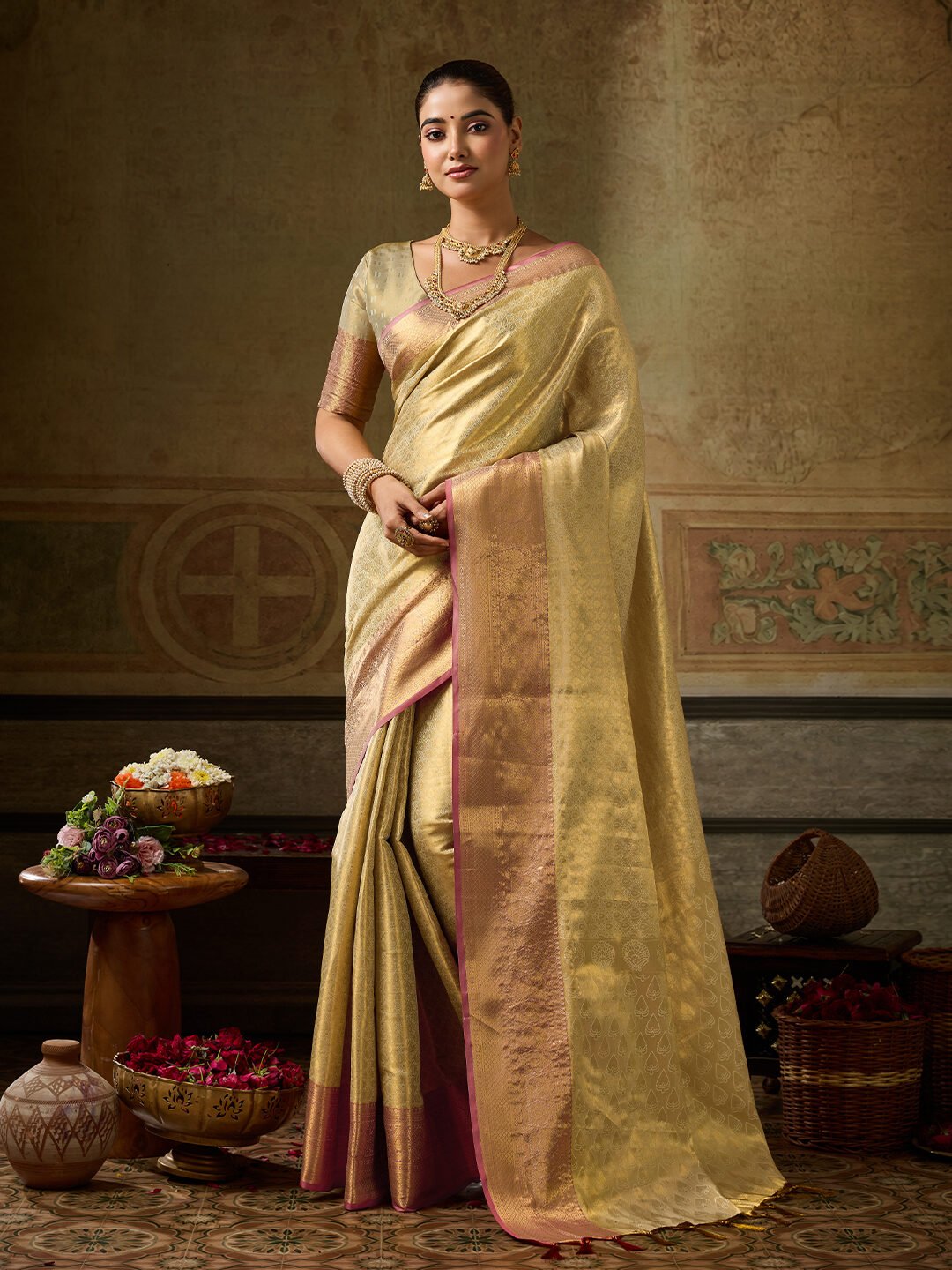 Elegant Kanchivaram Silk blend Saree with Intricate Golden Weaving & Elegant Borders - Image 11