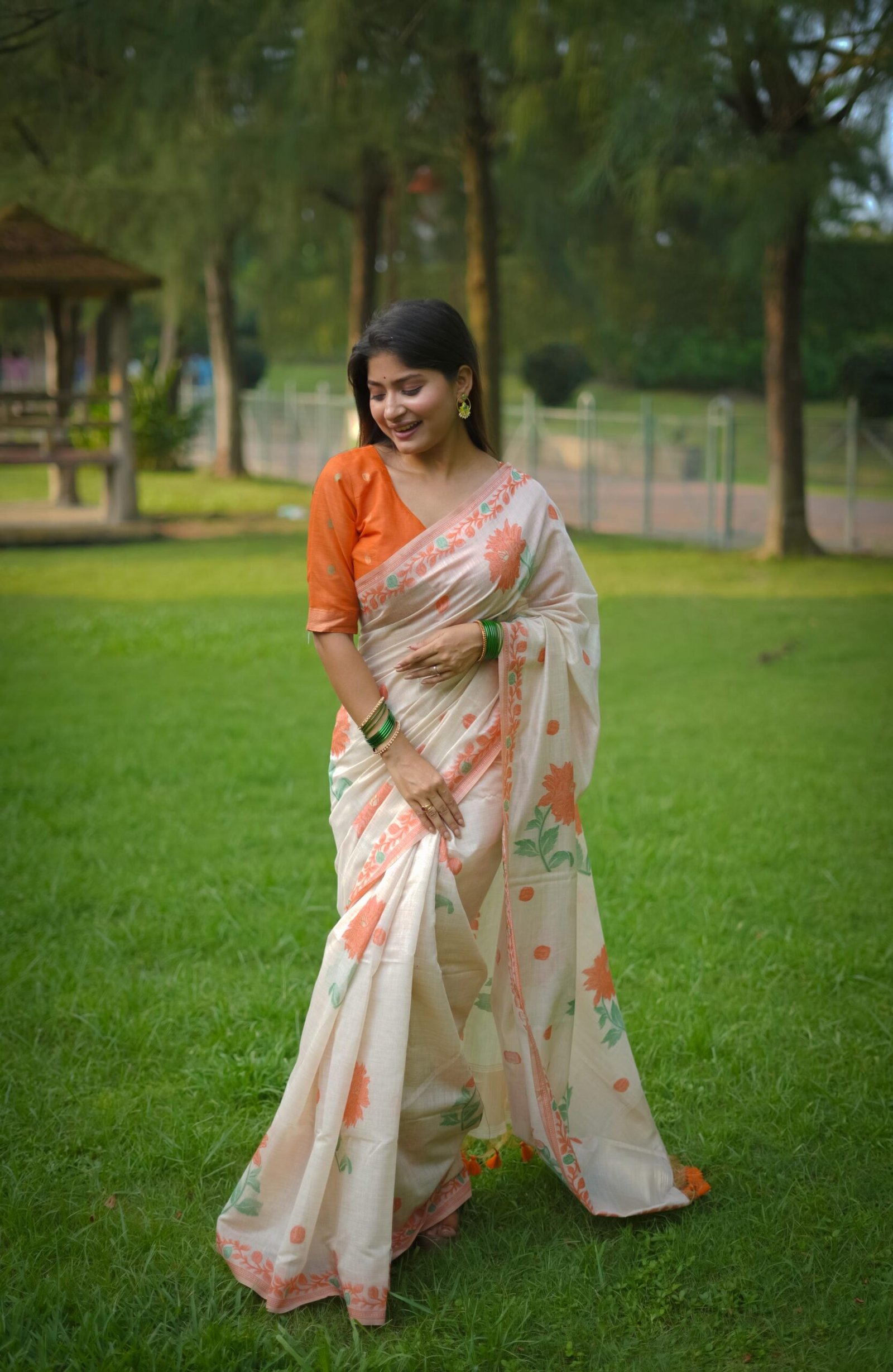 Timeless Muga Cotton Saree with Jamdani Contrast Border - Image 3