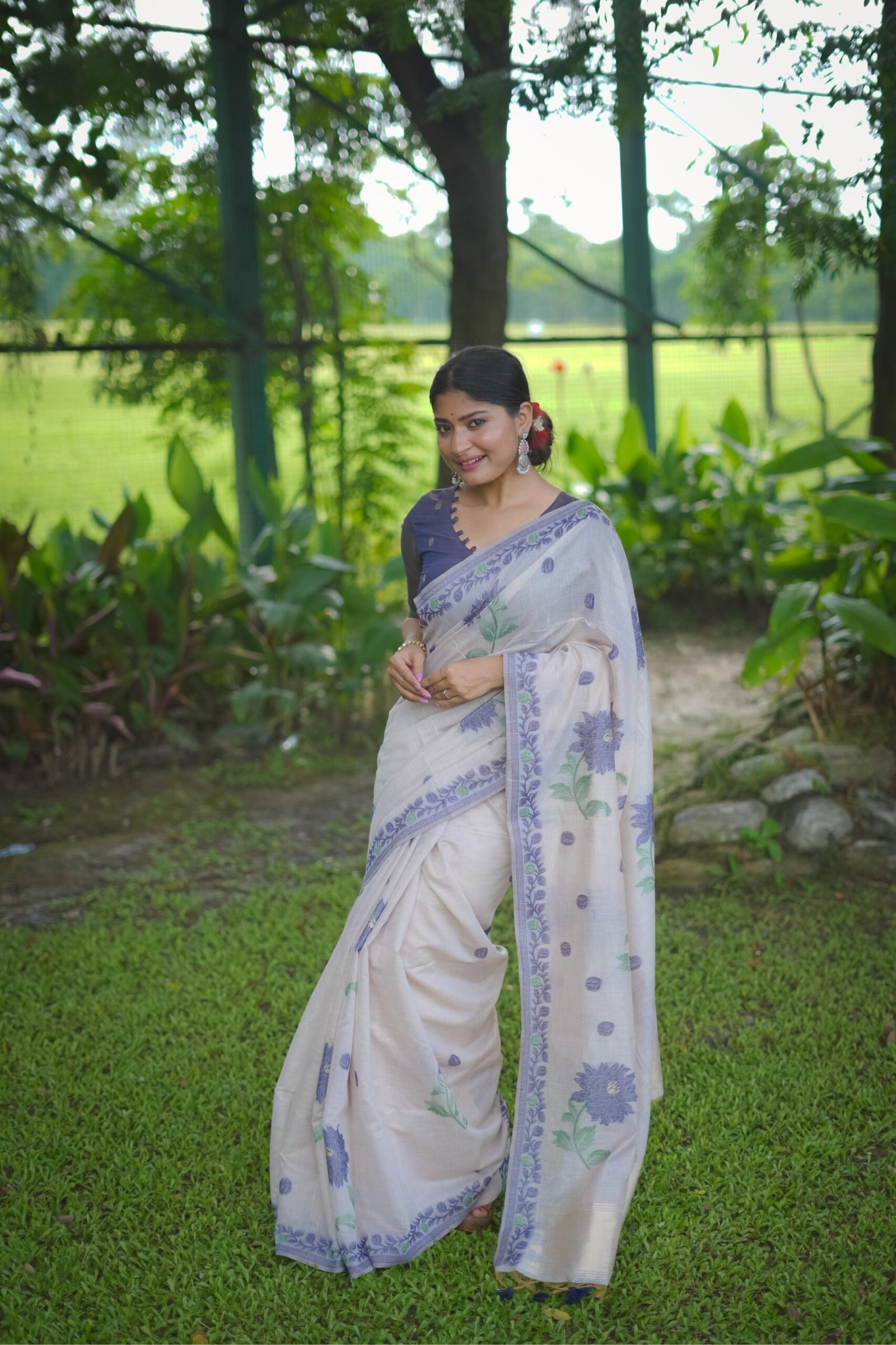 Timeless Muga Cotton Saree with Jamdani Contrast Border - Image 4