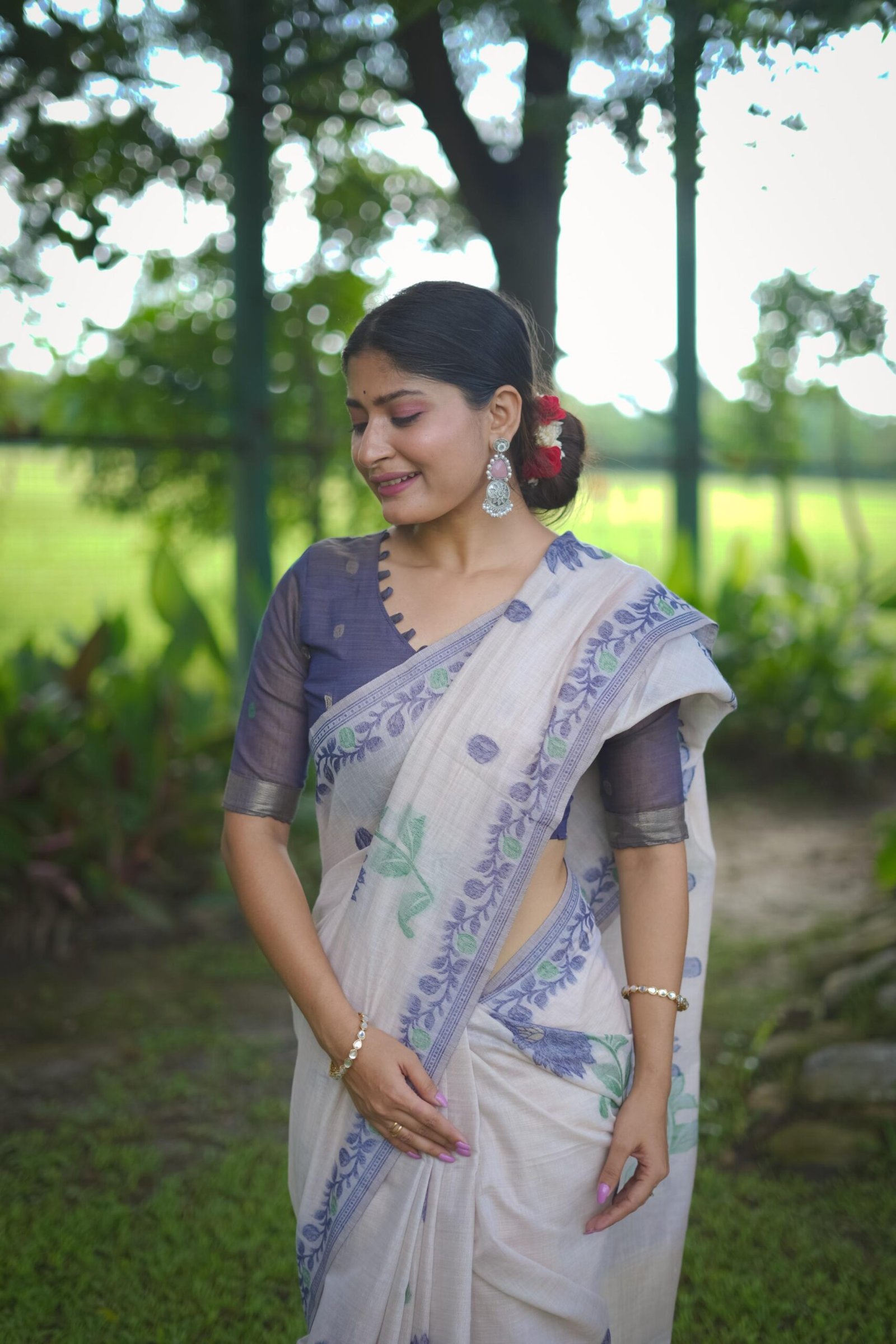 Timeless Muga Cotton Saree with Jamdani Contrast Border - Image 6
